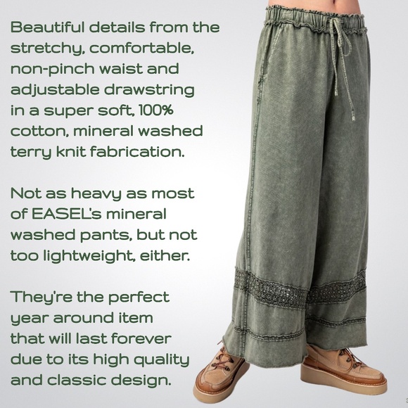 EASEL Lace Detailed Terry Knit Cotton Mineral Washed Wide Leg Drawstring Pockets - Picture 2 of 16